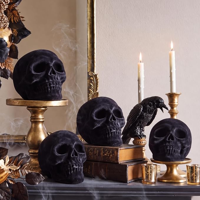 Weysat 4 Pcs Black Velvet Skull Halloween Human Head Model Decor - skull figurine