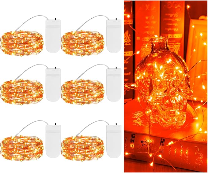 Halloween Orange Fairy Lights Battery Operate,7.2ft 20 LEDs String Lights Silver Copper Wire for Hallowen Christmas DIY Decoration Wedding Party (6 Pack)