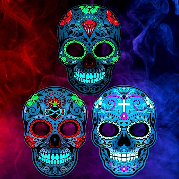 Simgoing 3 Pcs LED Day of the Dead Masks, Light up Sugar Skull Headband - sugar skull makeup