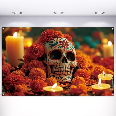 Vohado Day of The Dead Decorations Dia De Los Muertos Photo Booth Backdrop Banner Sugar Skull Marigold Flowers Halloween Decor - skull sticker