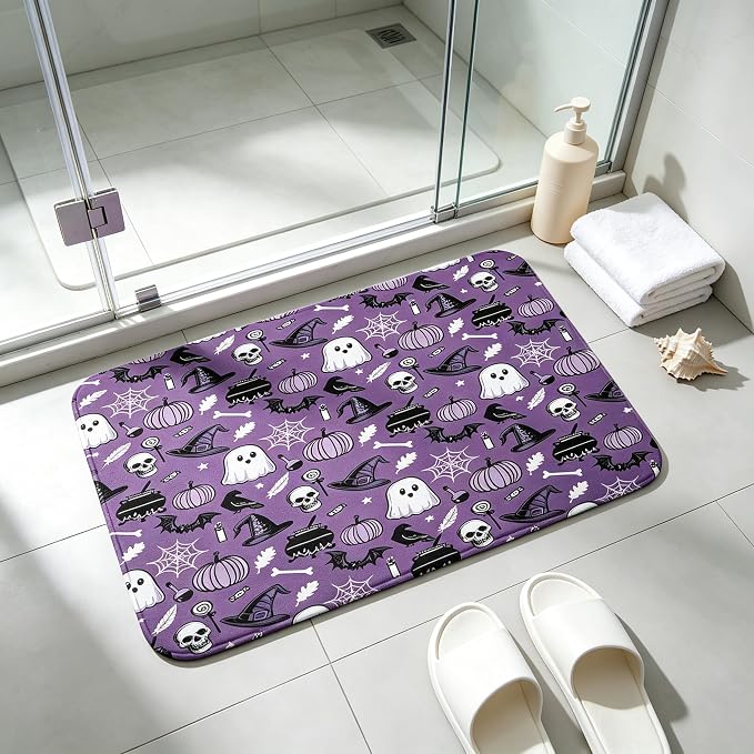 Purple Halloween Ghost Bath Mat Spooky Pumpkin Rug,17.7x29.5 Inch - skull toilet mat
