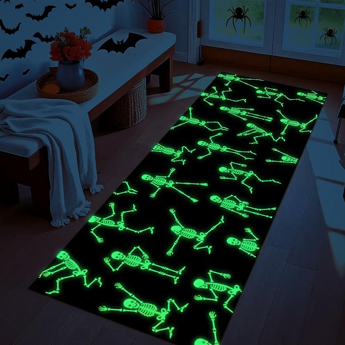 Halloween Runner Rug, Glow-in-the-Dark Rug Runner Non Slip, Black Rugs with Rubber Back, Washable Rugs for Hallway Laundry Washroom Entryway Home Kitchen, Halloween Decorations, 20" x 60" - skull carpet