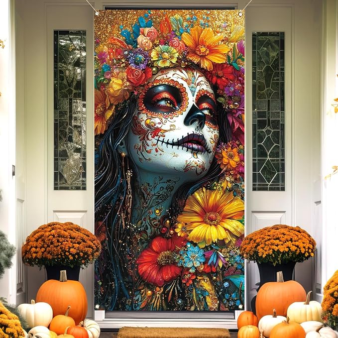 Vohado Dia De Los Muertos Door Banner Mexican Day of The Dead Decorations Halloween Sugar Skull Marigold Flowers Front Porch Decor - skull floor mat