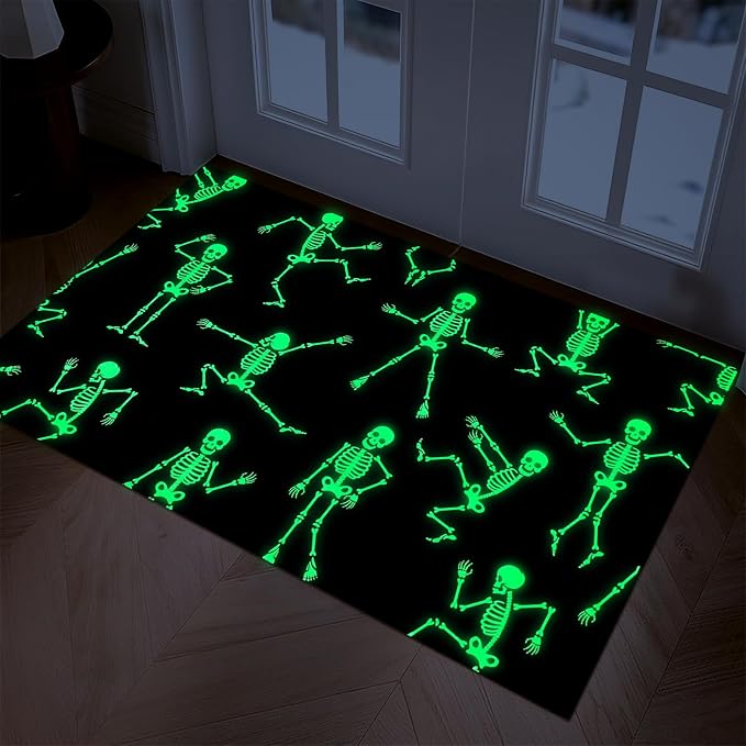 Halloween Door Mat, Glow-in-the-Dark Entryway Rug, Black Front Door Mat Outside Entrance, Skeleton Doormat Non Slip Welcome Mats for Indoor/Outdoor Halloween Decorations, 18" x 30" - skull floor mat