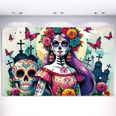 Vohado Dia De Los Muertos Decorations Photo Booth Backdrop Mexican Sugar Skull Day of The Dead Party Decor Halloween Marigold Wall Banner - skull sticker
