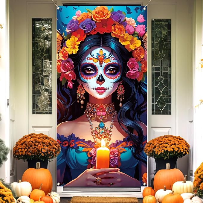 Vohado Mexican Day of The Dead Door Decor Dia De Los Muertos Decorations Halloween Colorful Flowers Sugar Skull Front Porch Banner