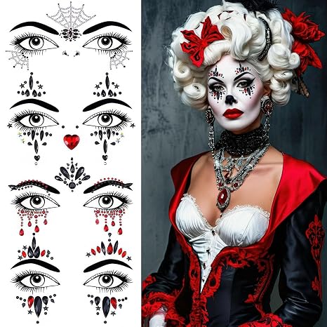 4 Pieces Face Gems Jewels Tattoos for Halloween, Day of the Dead Glitter Skull Spider Web Clown Crystals Rhinestones Makeup Stickers for Women Halloween Festival Rave Party Outfit - sugar skull makeup