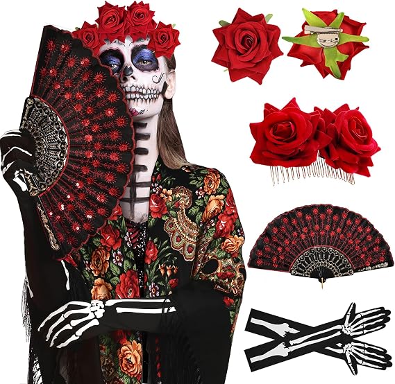 6Pcs Dia De Los Muertos Costume with Hair Clips, Fan, Gloves, Face Tattoos - sugar skull makeup