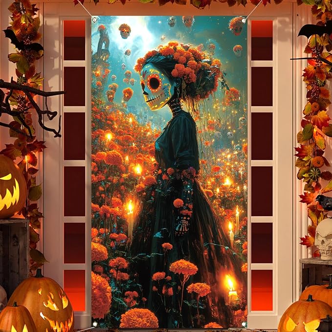 Pudodo Día De Los Muertos Door Cover Sugar Skull Day of The Dead Decoration Mexican Fiesta Front Door Banner Photography Home Porch Decor - skull floor mat
