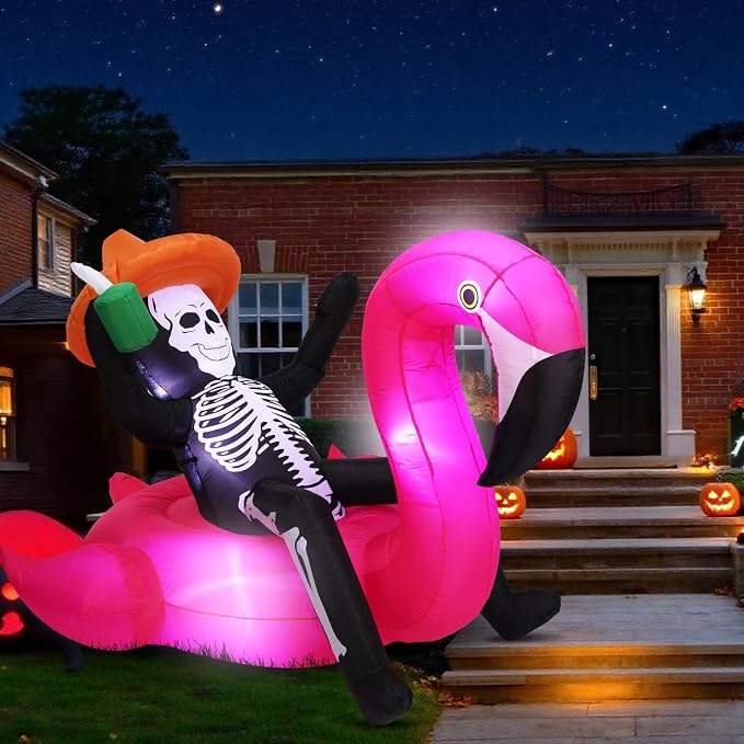 Soaoo 8 ft Long Halloween Skeleton Flamingo Inflatable Decoration - skull inflatable