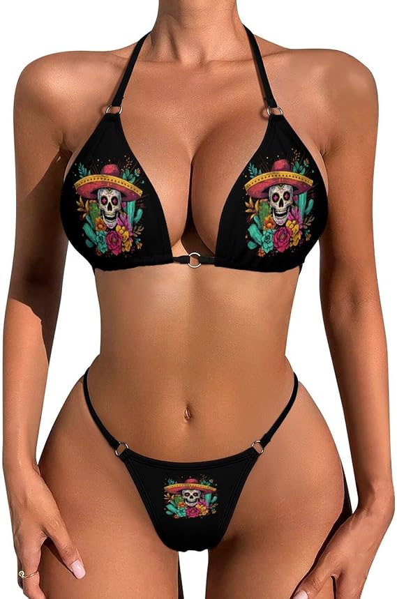 Psychedelic Mexican Skull Flower Cactus Bikini Set for Women Sexy Triangle Bathing Suit Low Rise Thong 2 Piece Swimsuits - skull swimsuit