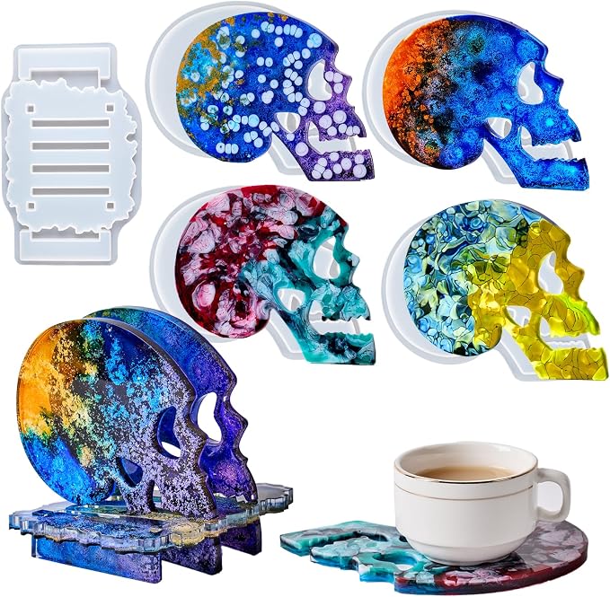 Skull Coaster Resin Molds with Holder,4pcs Halloween Silicone Molds - skull ashtray