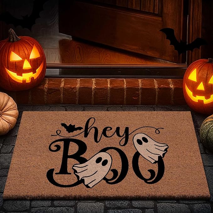 Lanpn Halloween Welcome Natural Coir Door Mat, Ghost Coco Front Door Outdoor Doormat Outside Entrance Porch Non Slip Rubber Rug for Halloween Farmhouse Decor (30x17 in) - skull floor mat