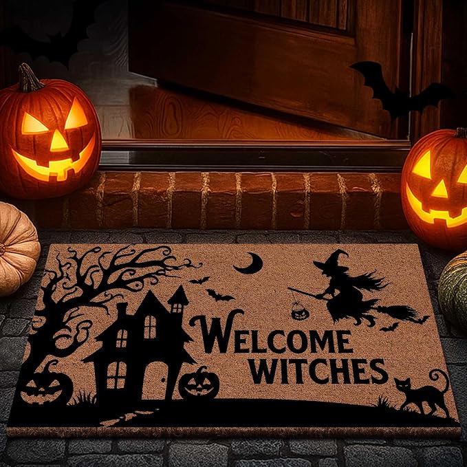 Lanpn Halloween Welcome Natural Coir Door Mat, Witches Coco Front Door Outdoor Doormat Outside Entrance Porch Non Slip Rubber Rug for Halloween Farmhouse Decor (30x17 in) - skull door mat