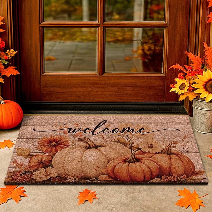 Lanpn Fall Welcome Natural Coir Door Mat, Fall Harvest Pumpkin Coco Front Door Outdoor Doormat Outside Entrance Porch Non Slip Rubber Rug for Autumn Halloween Thanksgiving Farmhouse Decor (30×17 in)