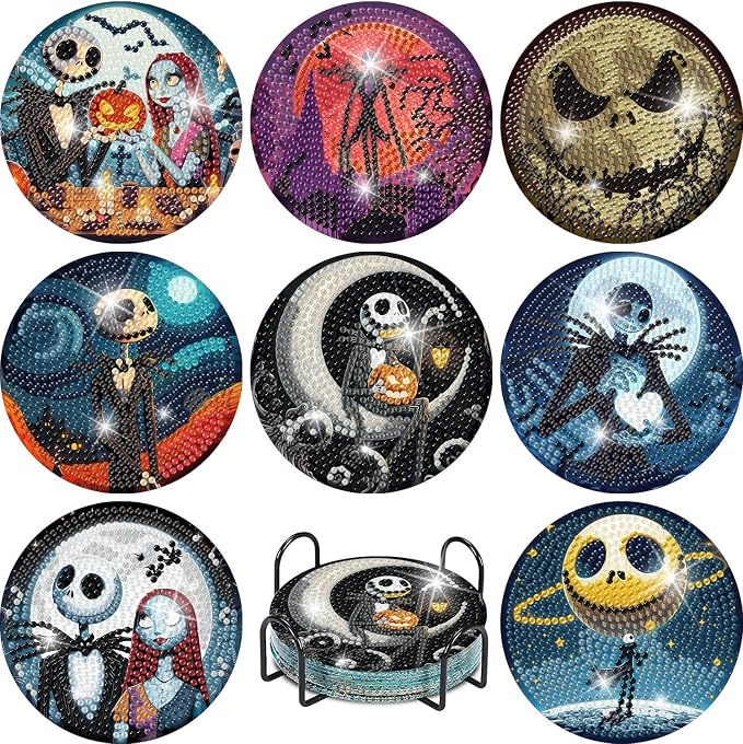 8 Pcs Halloween Diamond Painting Coasters Kits for Adults Beginners, DIY Horror Skull Diamond Art Coasters with Holder, Full Drill Rhinestone Painting Coaster Kits for Supplies Gifts 4X4 Inch. - skull coaster