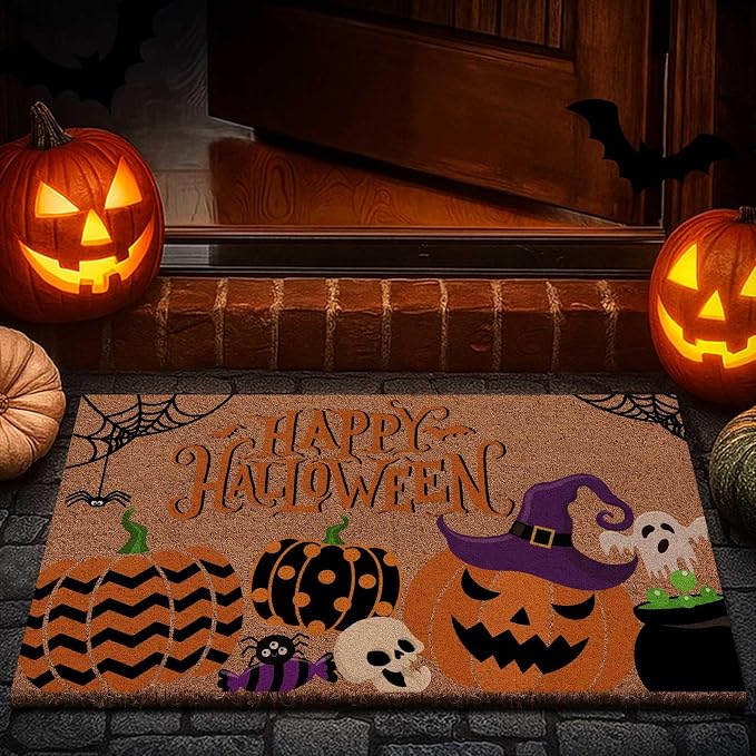 Lanpn Halloween Welcome Natural Coir Door Mat, Striped Spotted Pumpkin Coco Front Door Outdoor Doormat Outside Entrance Porch Non Slip Rubber Rug for Halloween Farmhouse Decor (30×17 in)