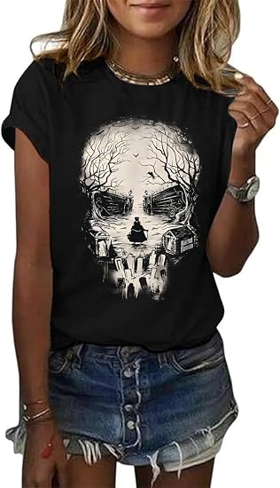 Women's Halloween Shirt Spooky Season Tee Thanksgiving Party T-Shirt - skull tshirt
