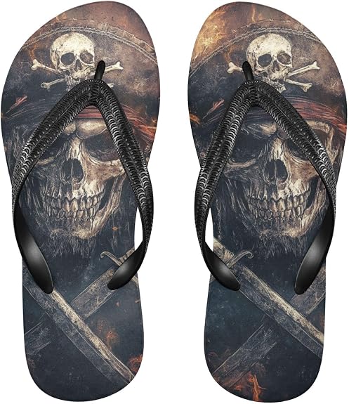 Sinestour Pirate Skull Orange Flip Flops for Beach Thong Sandals Anti-slip Lightweight Beach Slippers for Summer Swim Travel - sugar skull costume