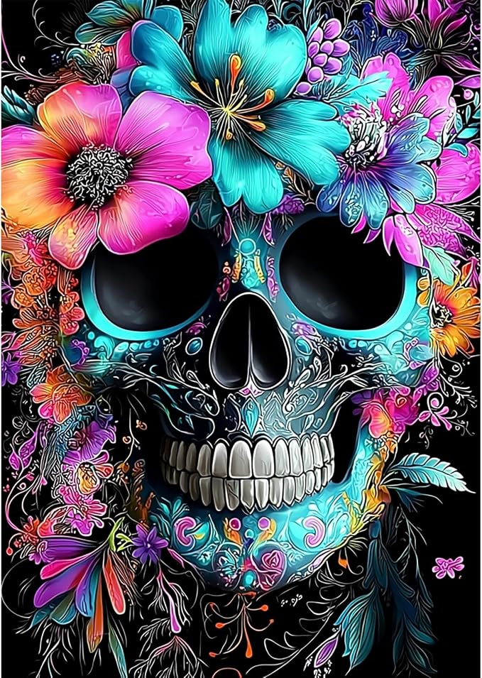 SENQAO Skull Flower Diamond Painting Kits for Adults, Sugar Skull Diamond Art Kit Beginners DIY 5D Full Drill Round Skeleton Diamond Painting Gem Art for Home Wall Decor Gift 12x16inch - skull painting