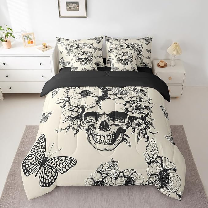 Feelyou Vintage Gothic Skull 7 Piece Bedding Set Full Size Kids Rock Roll Bone Death Comforter Set with Sheets for Boys Girls Flower Sugar Skull Bed in a Bag - skull bedding