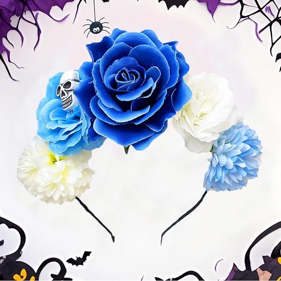Halloween Headband Mexican Flower Crown Skull Hair Accessories Women Day of The Dead Rose Floral Headpiece Party Supplies - skull headband