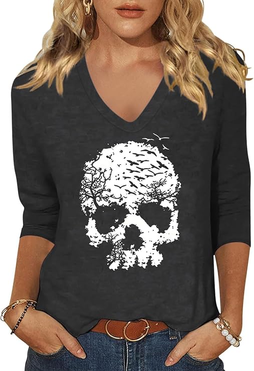 Womens Fall Halloween 3/4 Sleeve V Neck Shirts - skull tshirt