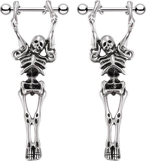 2Pcs 14G 16G 316L Skull Nipple Rings Piercing Jewelry for Women - skull ring