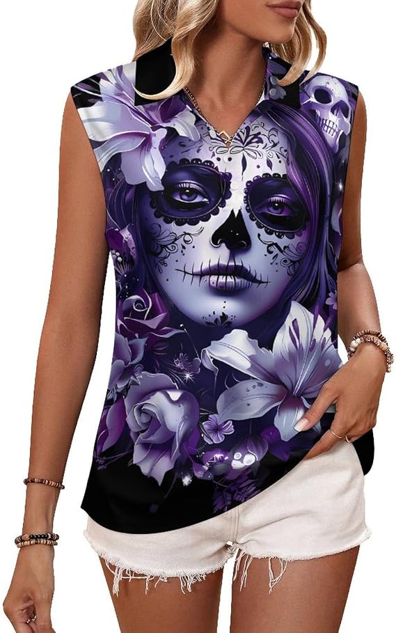 Sugar Skull Flowers Gothic Women's Sleeveless Polo Tank Top Print T-Shirt Tops Casual Tops Summer Workout - skull tank tops