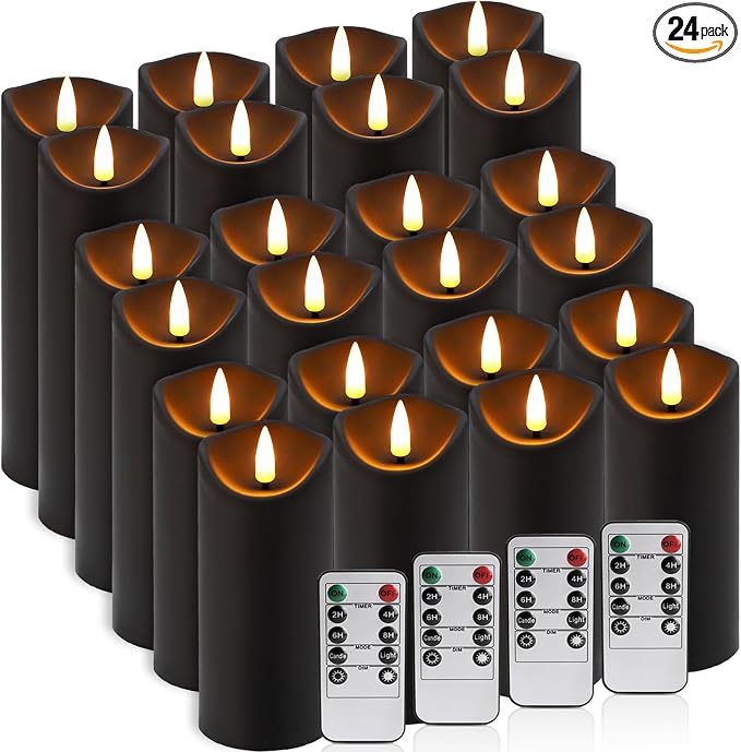 YOROXRG 24 Pack Halloween Decoration Flickering Flameless Candles, Battery Operated LED Pillar Candles with Remote Control and Timer.for Home Decor (D2.2 xH 5" 6" 7" Black) - skull lamp