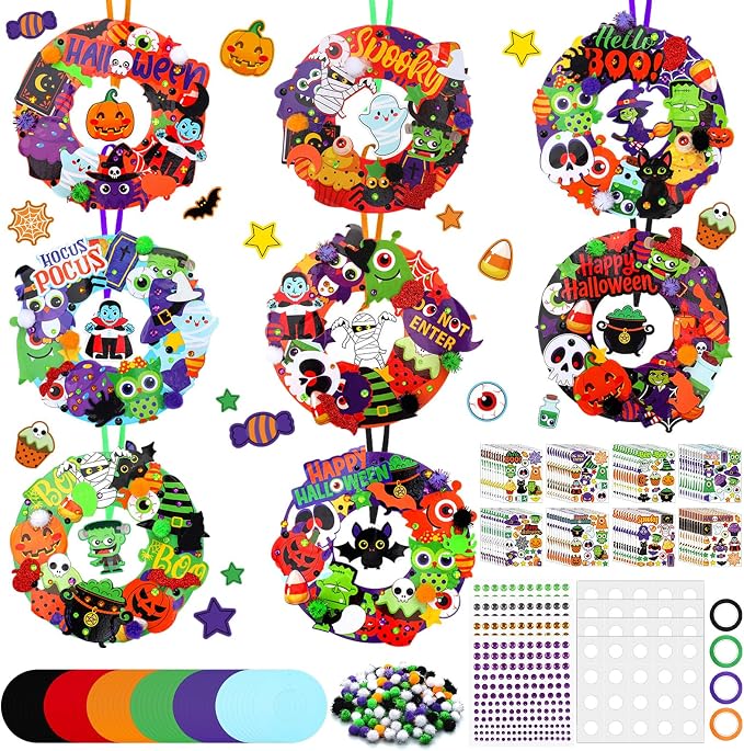 Hollowfly 48 Sets Halloween Wreath Craft Kits, DIY Boo Wreath with Stickers