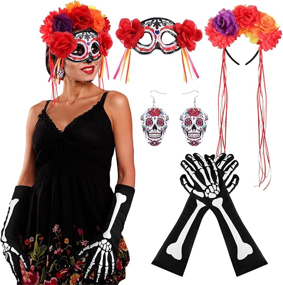 Suncalla 4 Pcs Halloween Day of The Dead Costume Accessories Set for Women - sugar skull costume