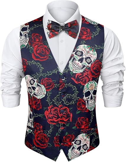 2-Piece Mens Halloween Christmas Suit Vest & Bow Tie S-3XL - sugar skull makeup