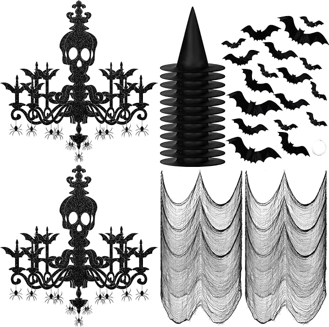 52 Pcs Halloween Decor Skull Chandelier Witch Hat Bats Horror Mesh