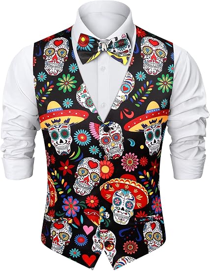 2-Piece Mens Halloween Christmas Suit Vest & Bow Tie S-3XL - sugar skull makeup