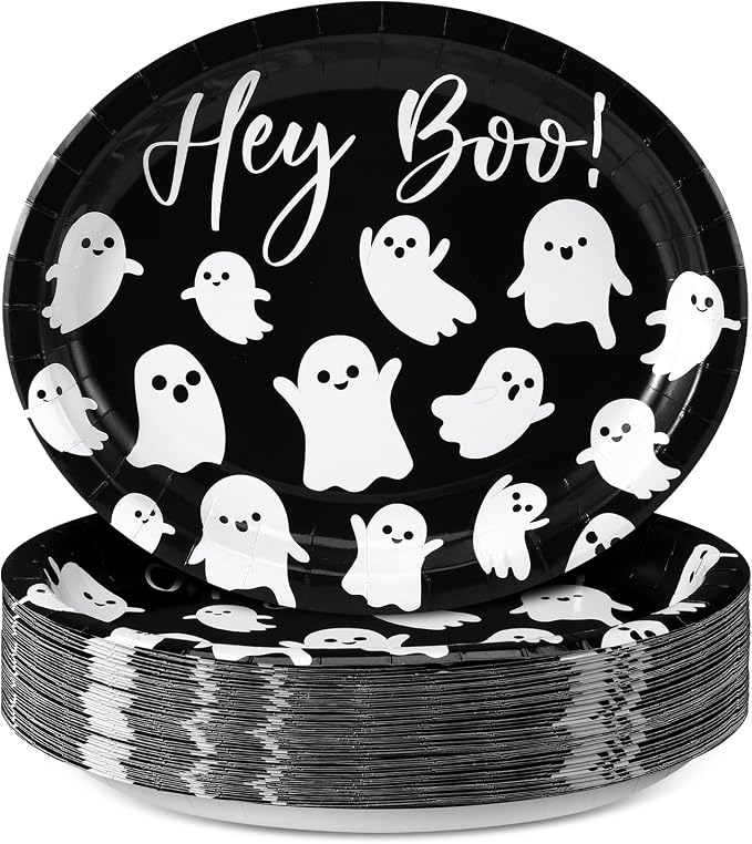 Funnymoom 50 Pcs Halloween Ghost Plates, 11" Oval Paper Tableware - skull plate