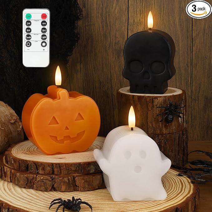 Halloween Flameless Candles with Remote, Real Wax Ghost, Pumpkin, Skull Battery Operated Candles, Flickering LED Fake Candle, Halloween Decorations for Table, fireplace, Home, Party, Festival Decor - skull candle