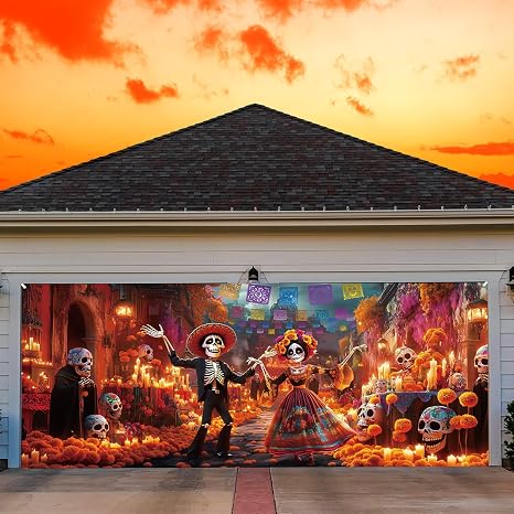 Mindsoft 7x16 ft Day of the Dead Garage Door Banner Sugar Skull Backdrop - skull inflatable
