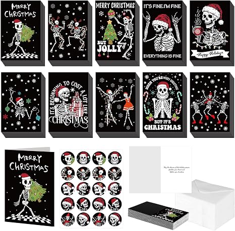 Motiskyy 100 Sets Christmas Cards with Envelopes Sticker, Gothic - skeleton