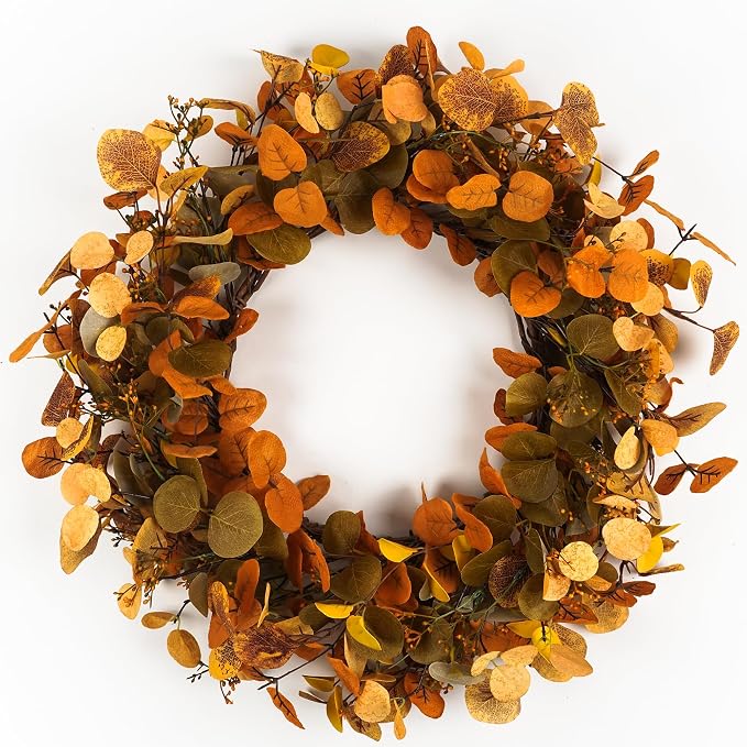Eucalyptus Fall Wreaths for Front Door 22", Handmade Fall Leaves Wreath for Autumn, Floral Farmhouse Wreath for Wall and Outside Indoors - skull wreath