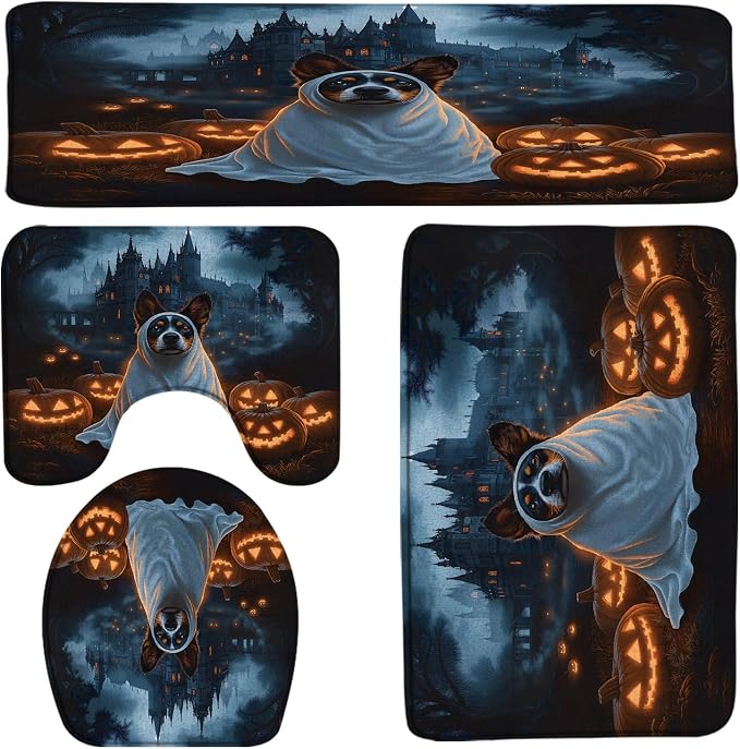 4PCS Halloween Bath Mat Set Spooky Dog Pumpkin Gothic Haunted Castle Scary Night Foggy Forest Horror Dead Day Happy Holiday Bath Mats,Toilet Cover,U-Shaped Toilet Mat - skull toilet mat