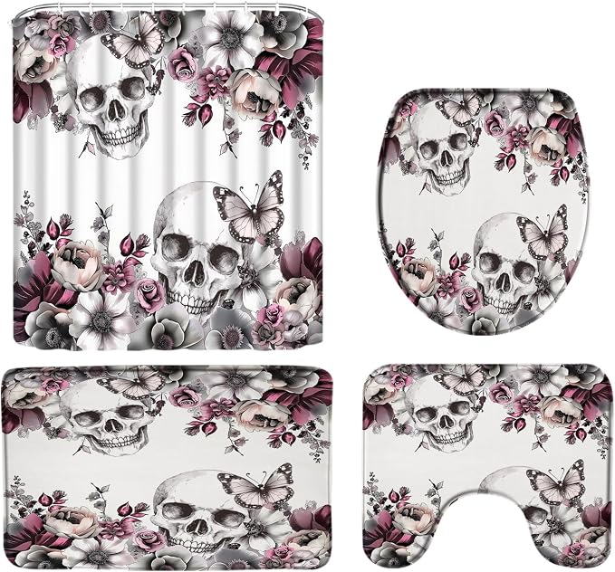 4PCS Skull Floral Shower Curtain Set Gothic Sugar Skeleton Butterfly Pink Grey Rose Flower Vintage Halloween Scary Spooky Horror Retro Bath Mats,Toilet Cover and U-Shaped Toilet Mat - skull toilet mat
