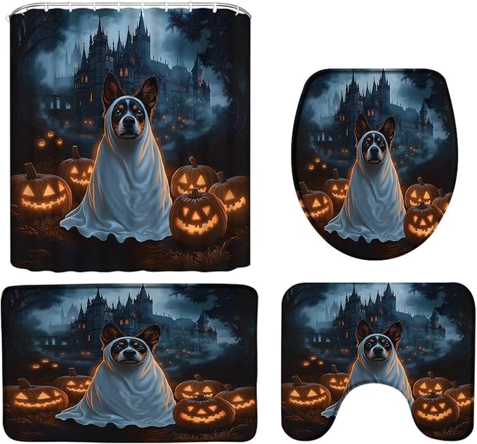 4PCS Halloween Shower Curtain Set Spooky Dog Pumpkin Gothic Haunted Castle Scary Night Foggy Forest Horror Dead Day Happy Holiday Bath Mats,Toilet Cover and U-Shaped Toilet Mat - skull toilet mat