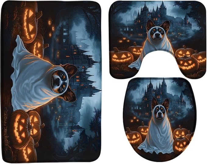 3PCS Halloween Bath Mat Set Spooky Dog Pumpkin Gothic Haunted Castle Scary Night Foggy Forest Horror Dead Day Happy Holiday Bathroom Bath Mat，U-Shaped Contour Rug and Toilet Lid Cover - skull toilet mat