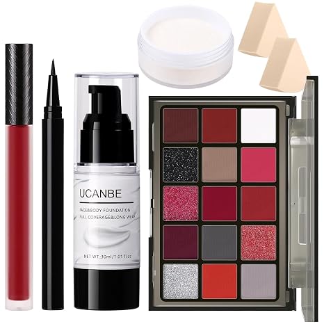 UCANBE Halloween Makeup Kit – 15-Color Red Eyeshadow Palette, White Liquid Foundation, Red Liquid Lipstick, Black Eyeliner, Setting Powder & Sponges Makeup Set for SFX Cosplay Costume Clown Vampire - sugar skull makeup