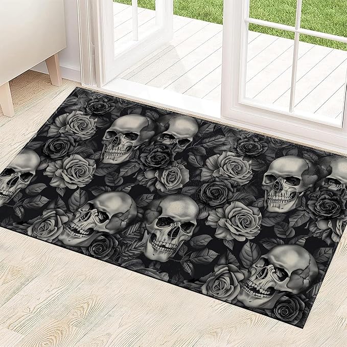 Skull Rose Indoor Door Mat 29.5x17in,Non Slip Backing Gothic Floral Floor Mats,Non Woven Entryway Rug,Goth Welcome Rugs Decor,for Inside Porch Bedroom Kitchen,Practical Doormats Gifts - skull floor mat