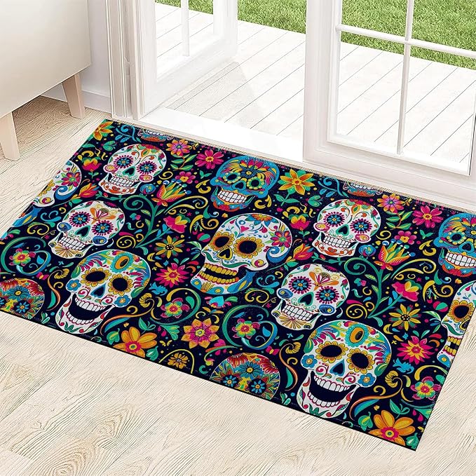 Sugar Skull Indoor Door Mat 29.5x17in,Non Slip Backing Colorful Day of The Dead Floor Mats,Non Woven Entryway Rug,Welcome Rugs Decor,for Entrance Inside Porch Kitchen,Practical Doormats Gifts - skull floor mat