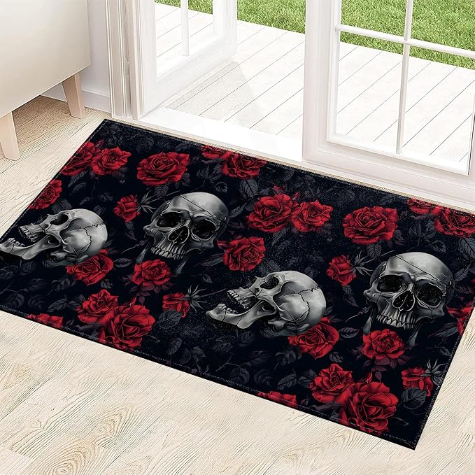 Gothic Skull Rose Indoor Door Mat 29.5x17in,Non Slip Backing Dark Floral Floor Mats,Non Woven Entryway Rug,Welcome Rugs Decor,for Entrance Inside Porch Bedroom Kitchen,Practical Doormats Gifts - skull toilet rug
