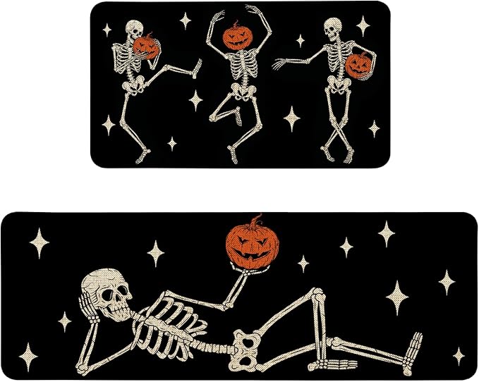 Halloween Skeleton Kitchen Mat Decor Non Slip Washable Black Happy Halloween Kitchen Rugs Set of 2 Indoor Spooky Skull Floor Mat Kitchen Decorations - skull floor mat