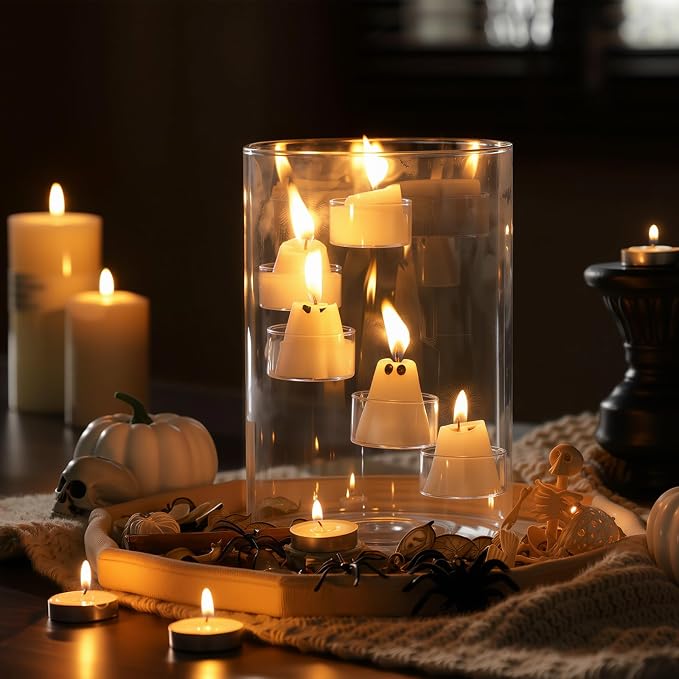Reallnaive 13 Pcs Halloween Glass Hurricane Candle Holder with Candles - skull candle